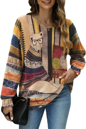 Women Christmas Sweater Graphic Oversized Long Sleeve Boho Printed Loose Fit Casual Knit Pullover Sweaters Top