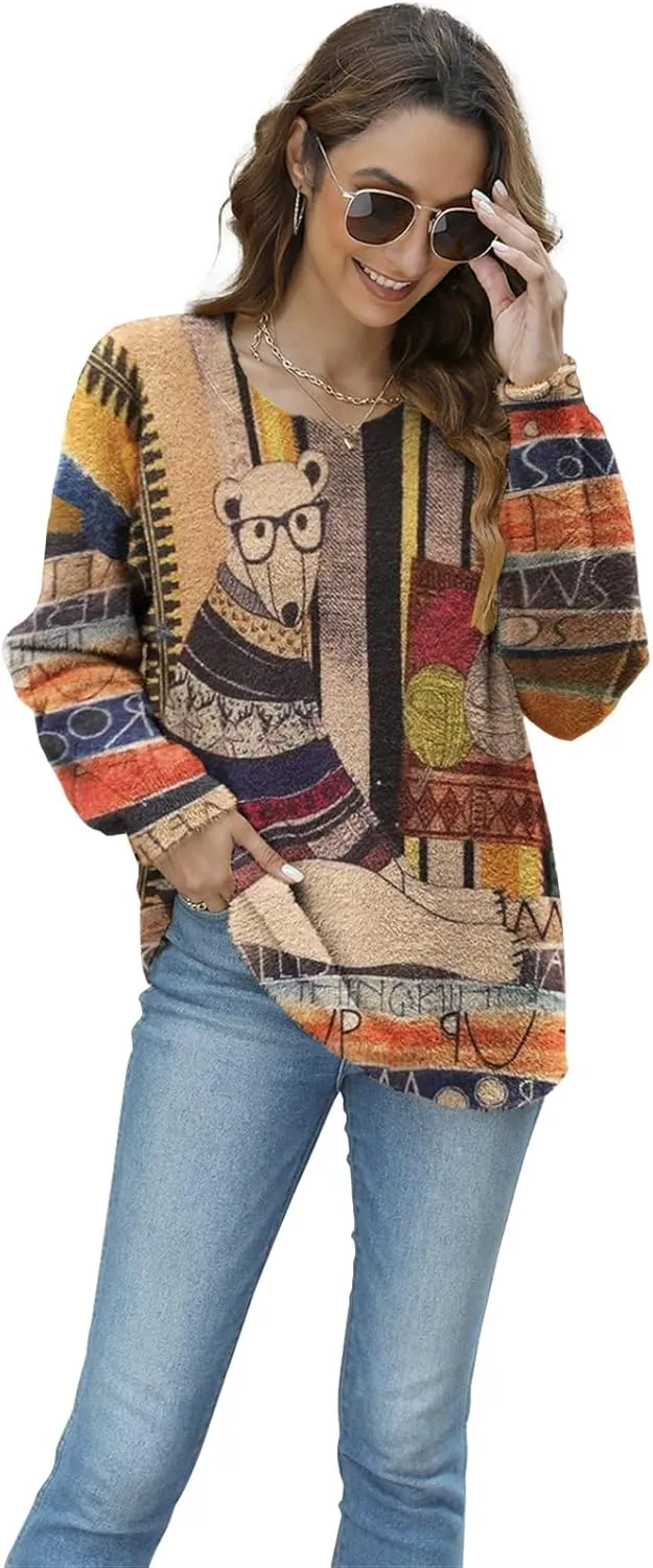 Women Christmas Sweater Graphic Oversized Long Sleeve Boho Printed Loose Fit Casual Knit Pullover Sweaters Top