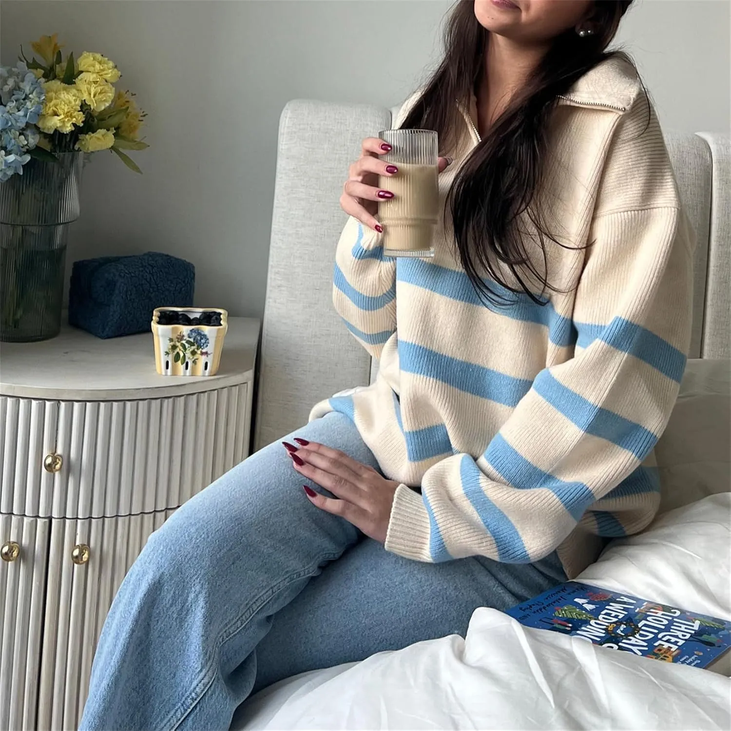 Women Comfy Chunky Cable Knit Sweater Long Sleeve Quarter Zip Pullover Jumper Fall Trendy Going Out Tops Knitwear