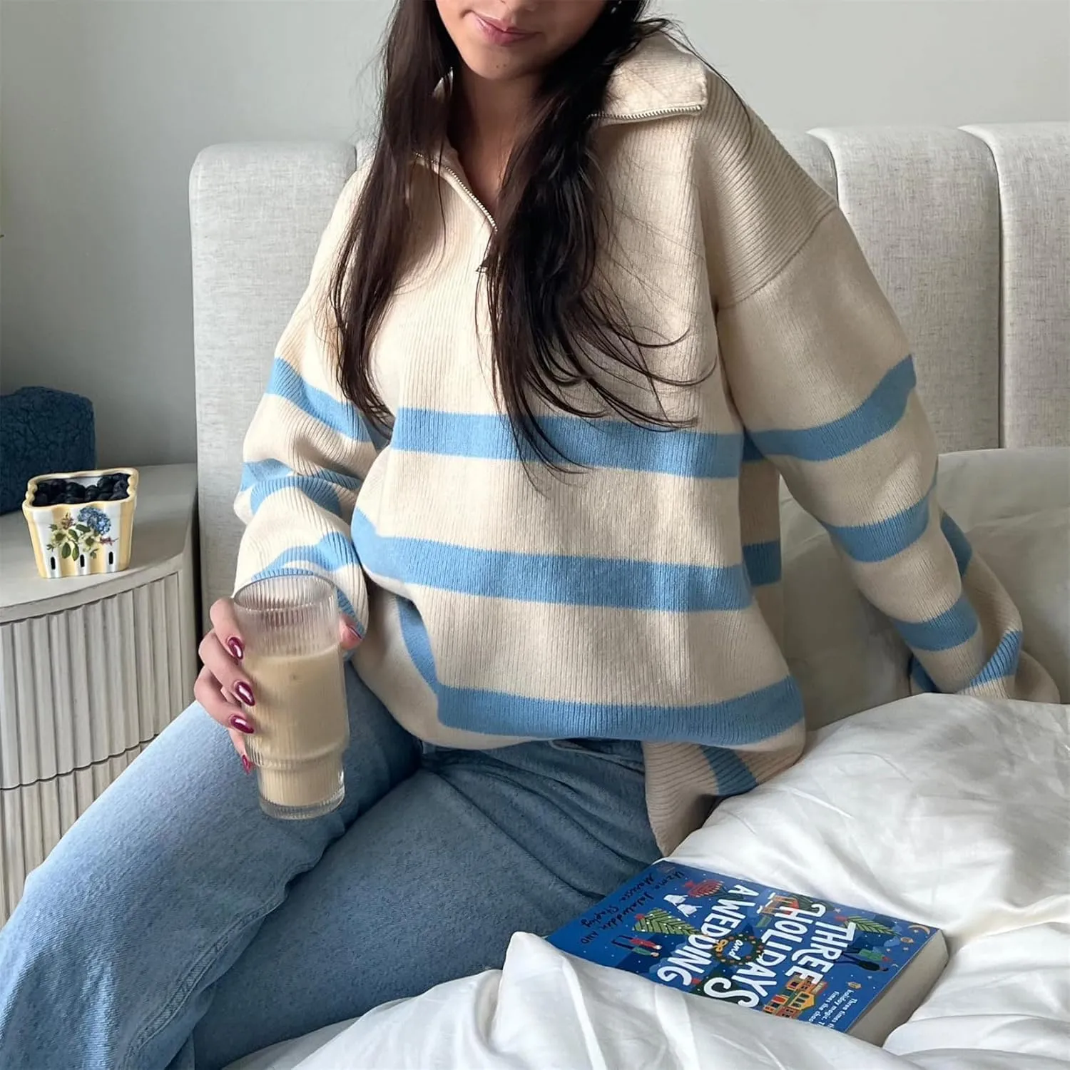 Women Comfy Chunky Cable Knit Sweater Long Sleeve Quarter Zip Pullover Jumper Fall Trendy Going Out Tops Knitwear