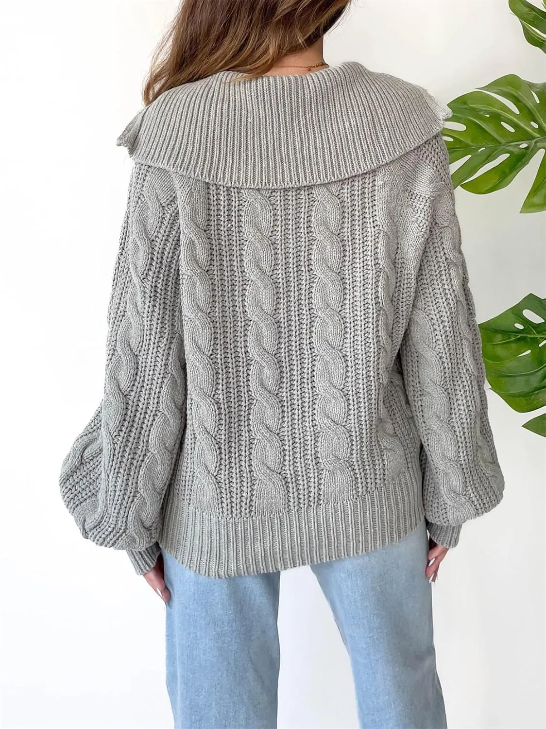 Women Comfy Chunky Cable Knit Sweater Long Sleeve Quarter Zip Pullover Jumper Fall Trendy Going Out Tops Knitwear