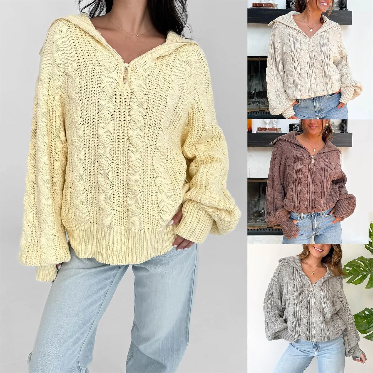 Women Comfy Chunky Cable Knit Sweater Long Sleeve Quarter Zip Pullover Jumper Fall Trendy Going Out Tops Knitwear