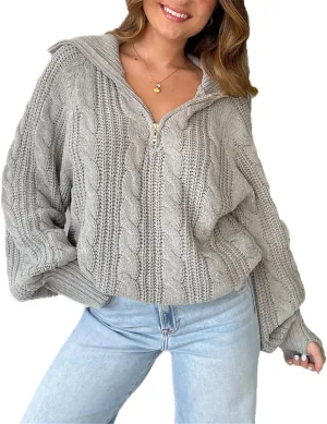 Women Comfy Chunky Cable Knit Sweater Long Sleeve Quarter Zip Pullover Jumper Fall Trendy Going Out Tops Knitwear