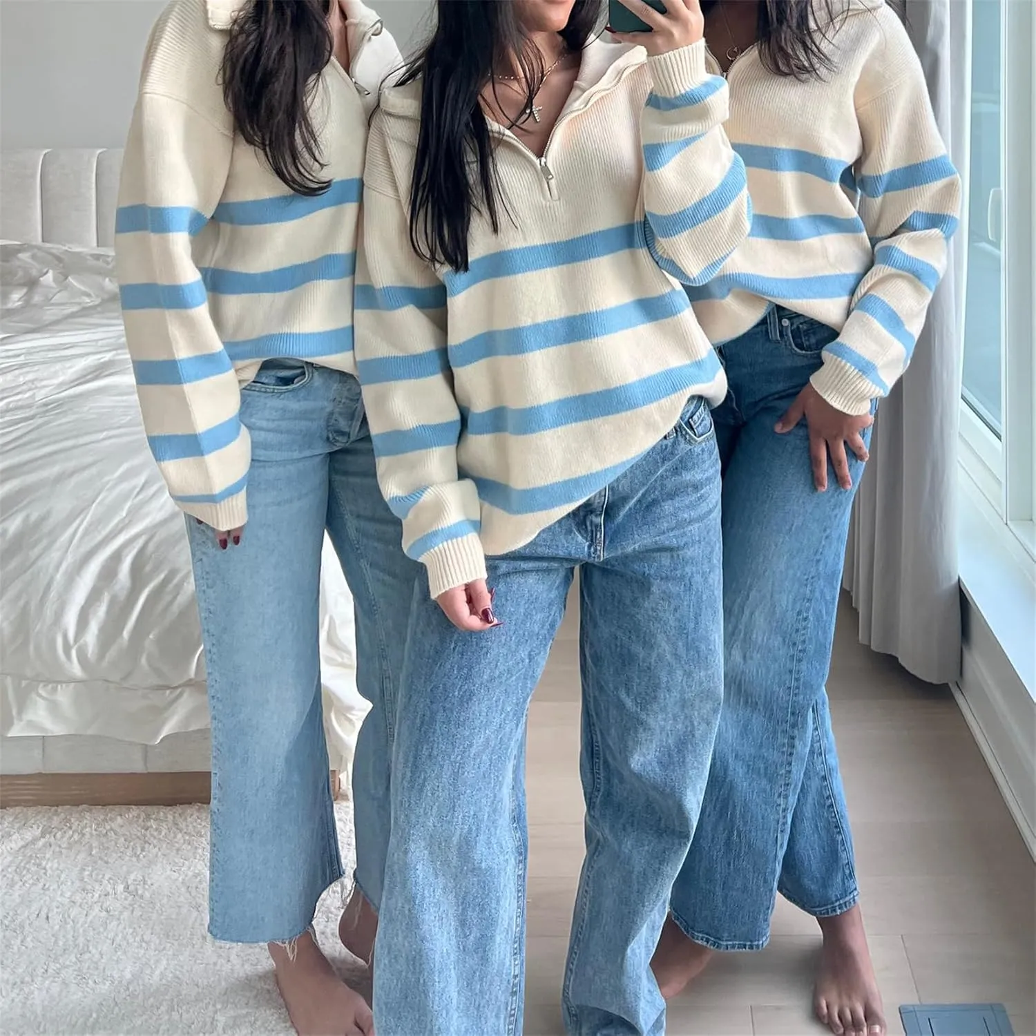 Women Comfy Chunky Cable Knit Sweater Long Sleeve Quarter Zip Pullover Jumper Fall Trendy Going Out Tops Knitwear