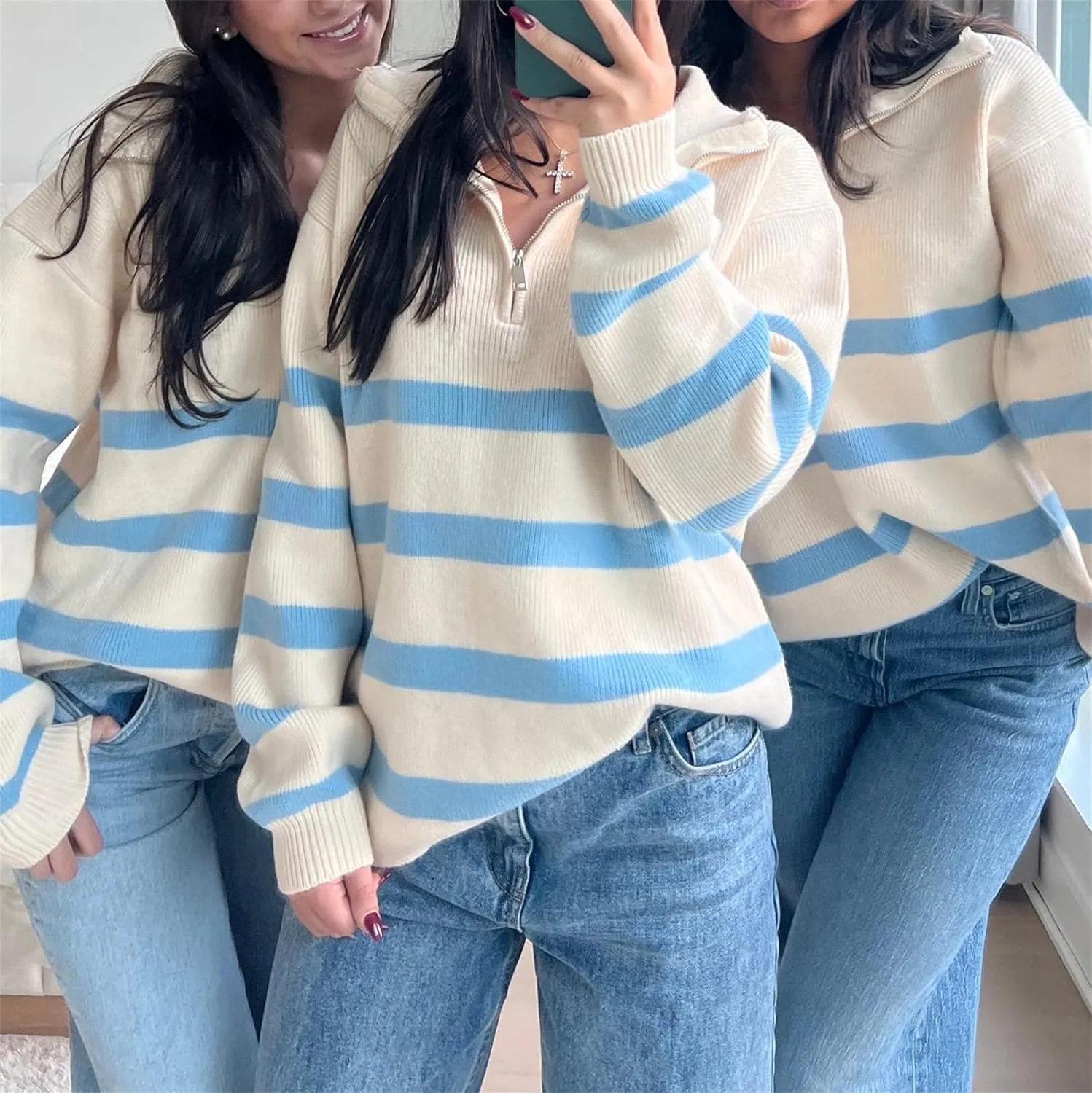 Women Comfy Chunky Cable Knit Sweater Long Sleeve Quarter Zip Pullover Jumper Fall Trendy Going Out Tops Knitwear