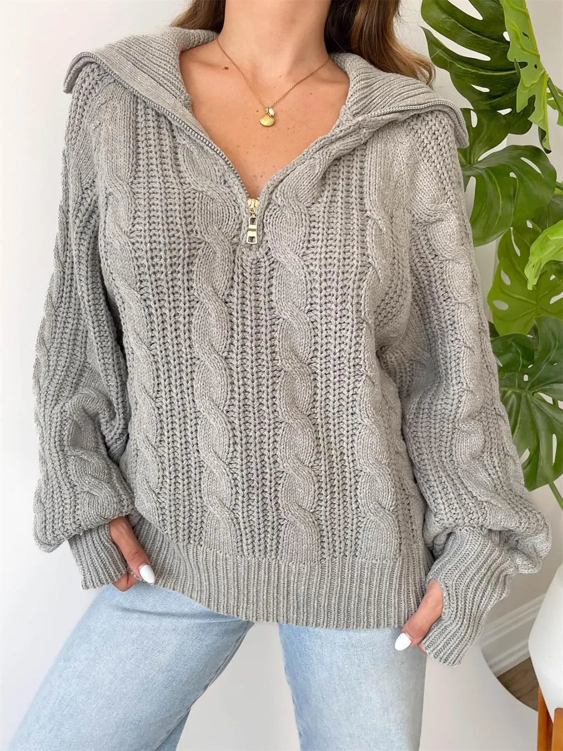 Women Comfy Chunky Cable Knit Sweater Long Sleeve Quarter Zip Pullover Jumper Fall Trendy Going Out Tops Knitwear
