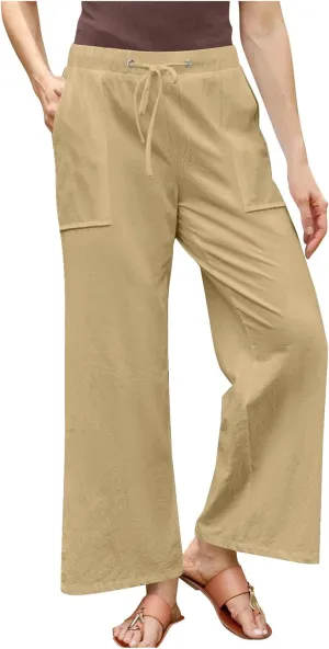 Women Cotton Linen All Match Casual Pants, Summer Drawstring Wide Leg Trousers Going Out Vacation Clothes with Pockets
