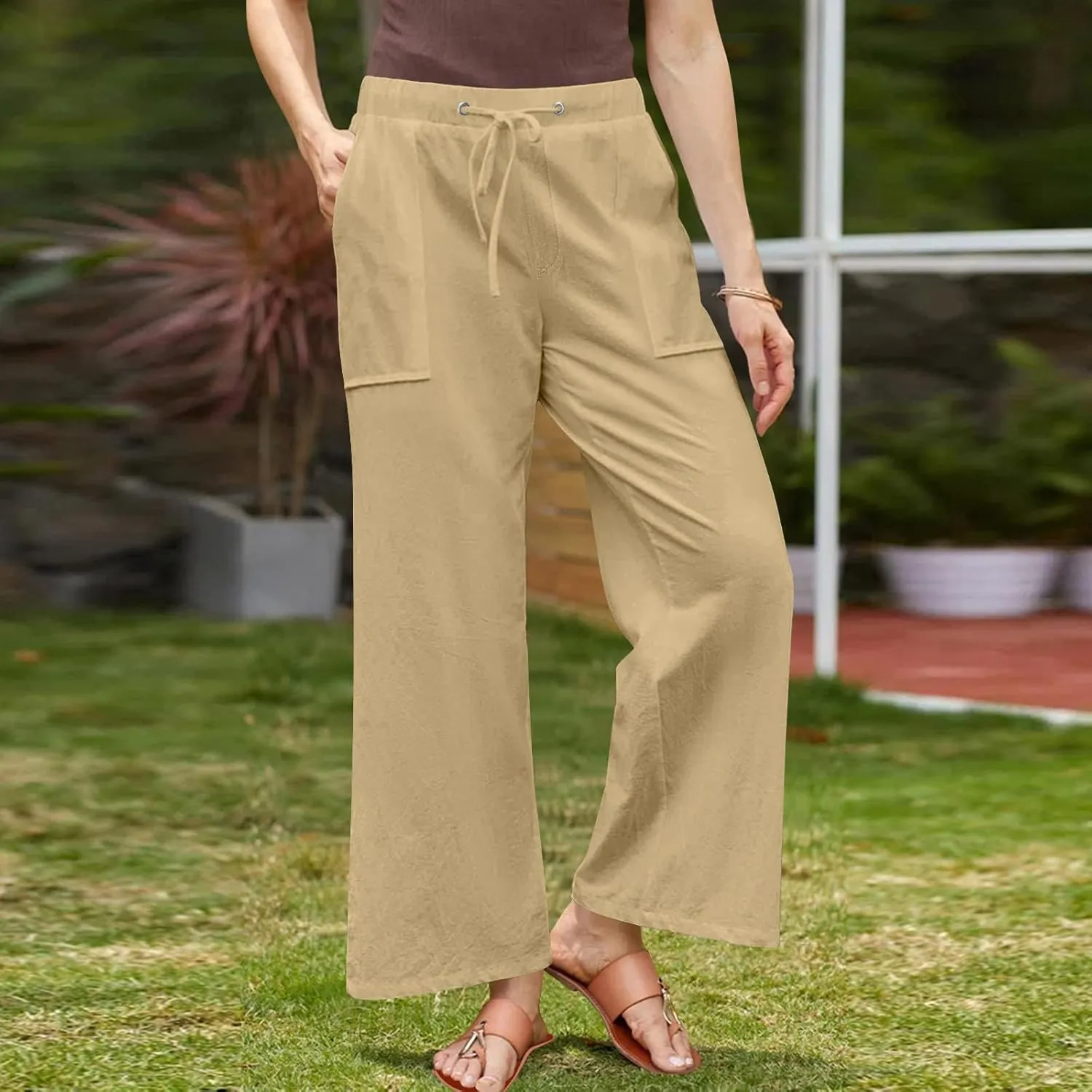Women Cotton Linen All Match Casual Pants, Summer Drawstring Wide Leg Trousers Going Out Vacation Clothes with Pockets