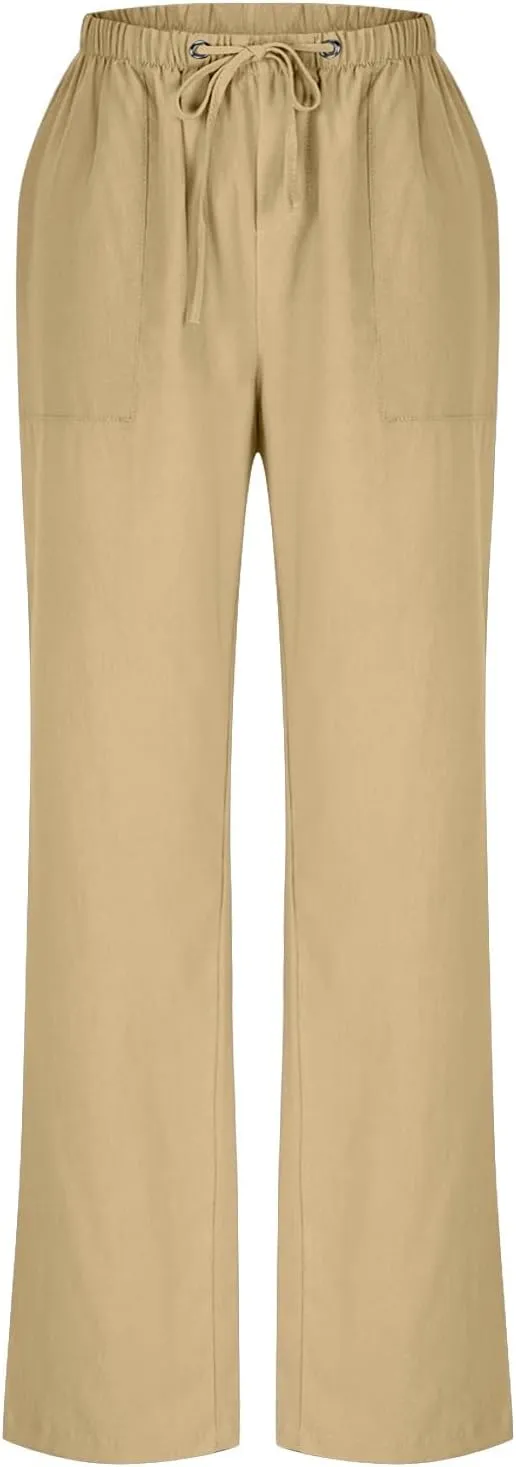 Women Cotton Linen All Match Casual Pants, Summer Drawstring Wide Leg Trousers Going Out Vacation Clothes with Pockets