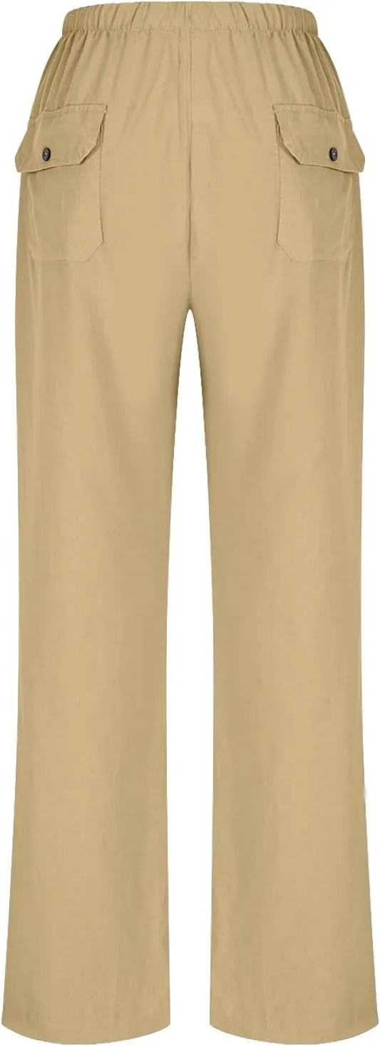 Women Cotton Linen All Match Casual Pants, Summer Drawstring Wide Leg Trousers Going Out Vacation Clothes with Pockets