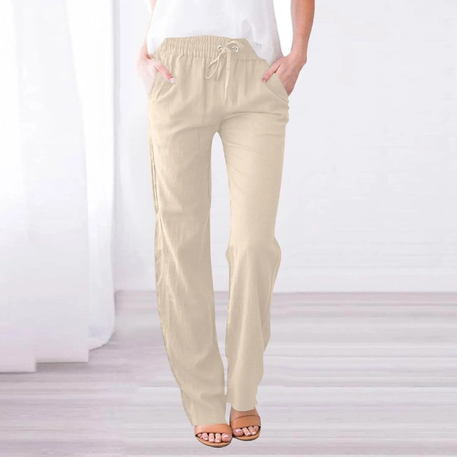 Women Cotton Linen Pants Casual Elastic Drawstring Straight Leg Pants Trousers with Pockets Summer Beach Lounge Pants