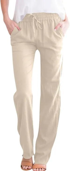 Women Cotton Linen Pants Casual Elastic Drawstring Straight Leg Pants Trousers with Pockets Summer Beach Lounge Pants