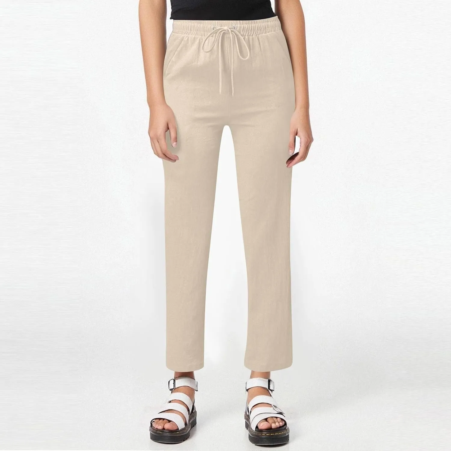 Women Cotton Linen Pants Casual Elastic Drawstring Straight Leg Pants Trousers with Pockets Summer Beach Lounge Pants