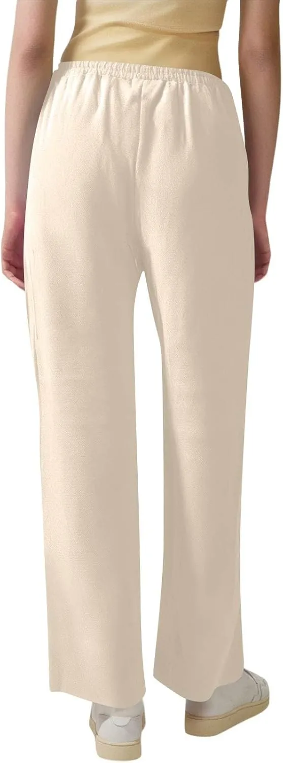 Women Cotton Linen Pants Casual Elastic Drawstring Straight Leg Pants Trousers with Pockets Summer Beach Lounge Pants