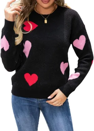 Women Cute Valentine Heart Graphic Jumper V-Neck Embroidery Knitted Loose Pullover Sweater Tops