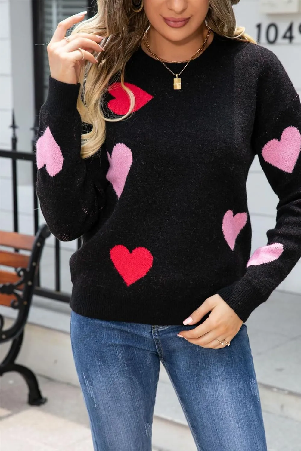 Women Cute Valentine Heart Graphic Jumper V-Neck Embroidery Knitted Loose Pullover Sweater Tops