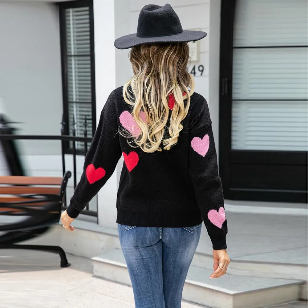 Women Cute Valentine Heart Graphic Jumper V-Neck Embroidery Knitted Loose Pullover Sweater Tops