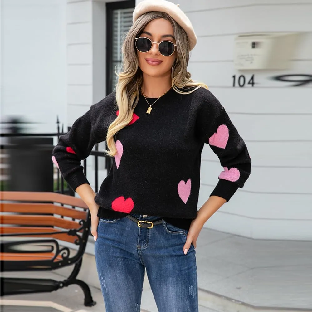 Women Cute Valentine Heart Graphic Jumper V-Neck Embroidery Knitted Loose Pullover Sweater Tops