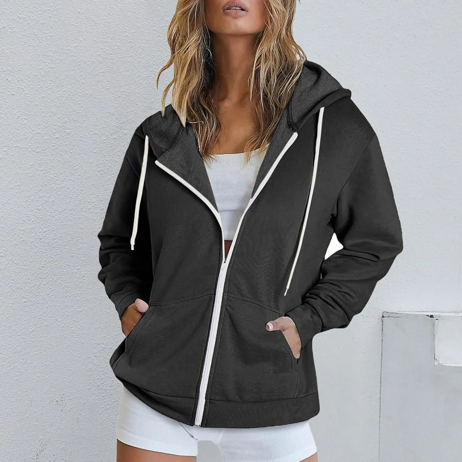 Women Fall Oversized Hoodies Solid Color Sweatshirts Full-Zipper Long Sleeve Pullover Tops with Pockets