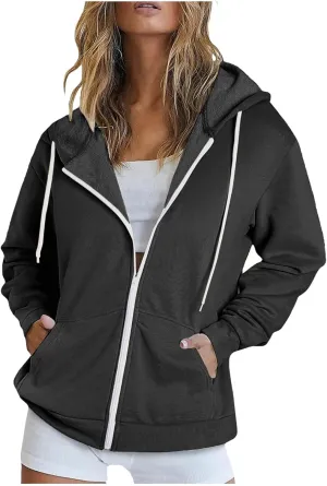 Women Fall Oversized Hoodies Solid Color Sweatshirts Full-Zipper Long Sleeve Pullover Tops with Pockets