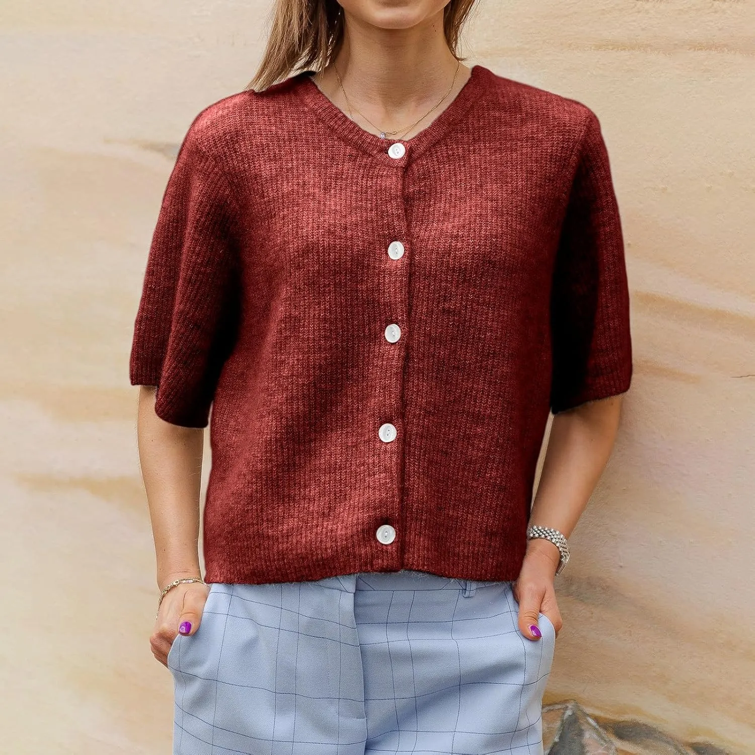 Women Knit Crop Cardigan Y2k Short Sleeve Knitted Shirts Open Front Button Down Sweater Cute Fall Cardigans 2024