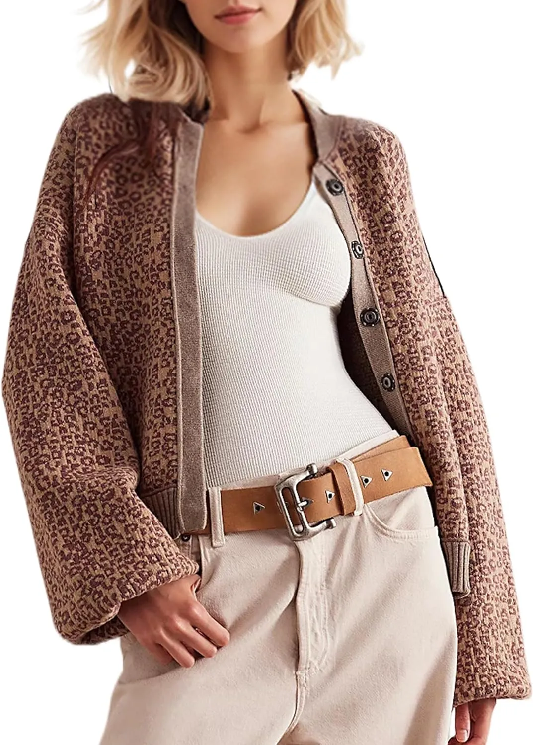Women Leopard Print Cardigan Button Down Long Sleeve Cheetah Graphic Y2K Knit Open Front Sweater Coats