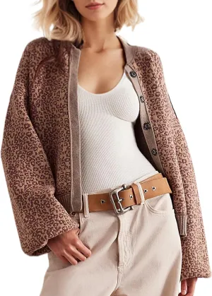 Women Leopard Print Cardigan Button Down Long Sleeve Cheetah Graphic Y2K Knit Open Front Sweater Coats