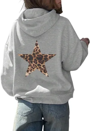 Women Leopard Star Graphic Fleece Hoodie Long Sleeve Drop Shoulder Oversized Aesthetic Hooded Sweatshirt Girls