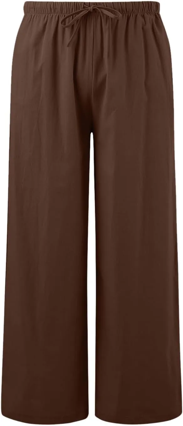 Women Linen Pants 2025 Summer Casual Loose Wide Leg Palazzo Pants Lightweight High Waist Beach Flowy Trousers