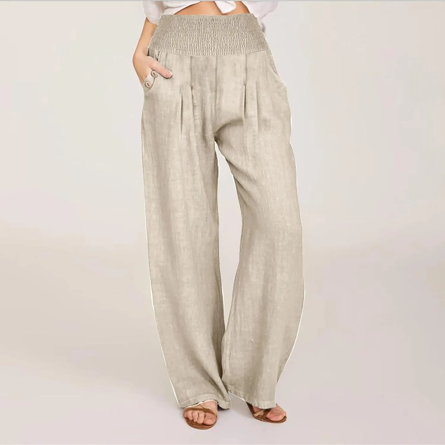 Women Linen Pants Summer Casual Wide Leg Pants Drawstring Waist Cotton Loose Fit Palazzo Trousers with Pockets