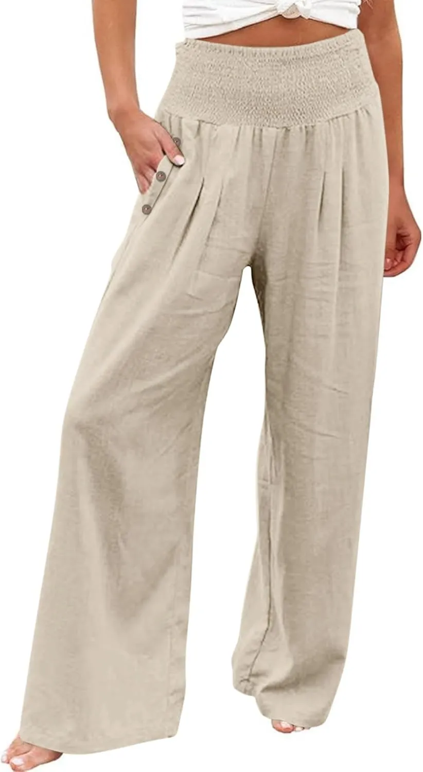 Women Linen Pants Summer Casual Wide Leg Pants Drawstring Waist Cotton Loose Fit Palazzo Trousers with Pockets