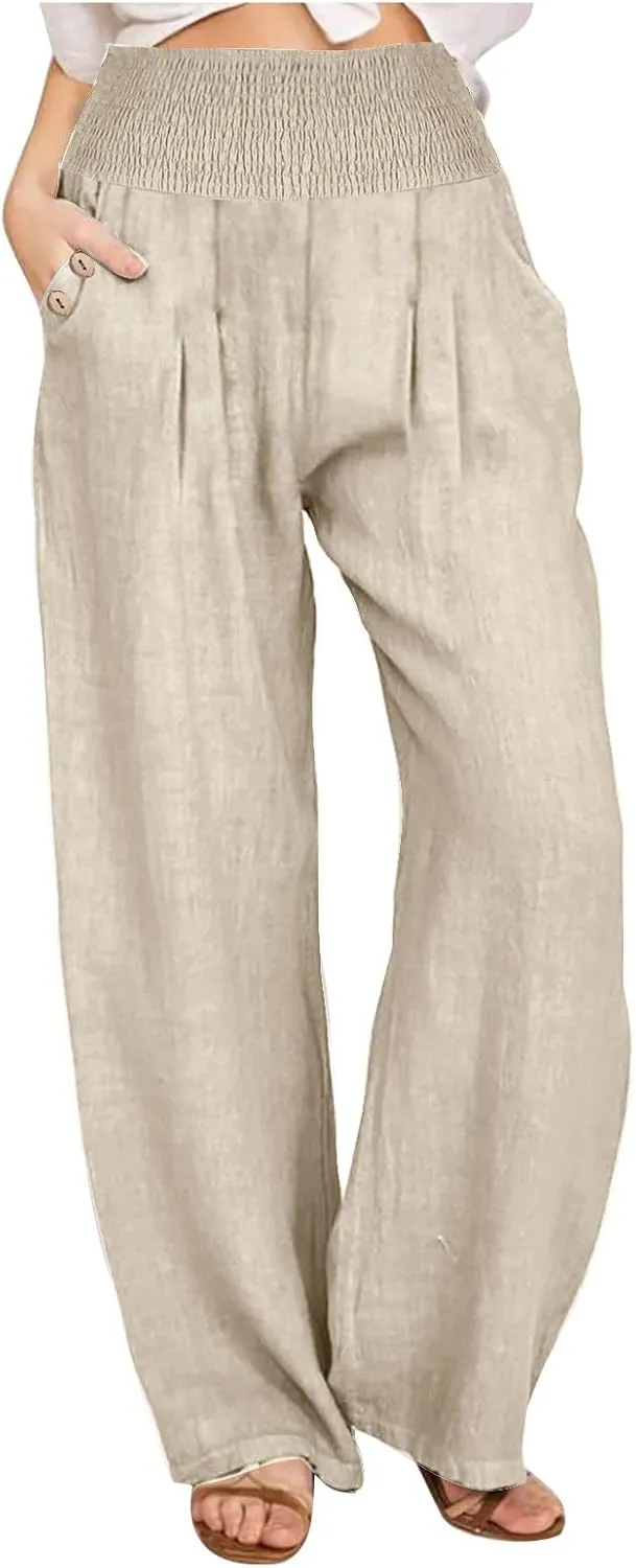 Women Linen Pants Summer Casual Wide Leg Pants Drawstring Waist Cotton Loose Fit Palazzo Trousers with Pockets