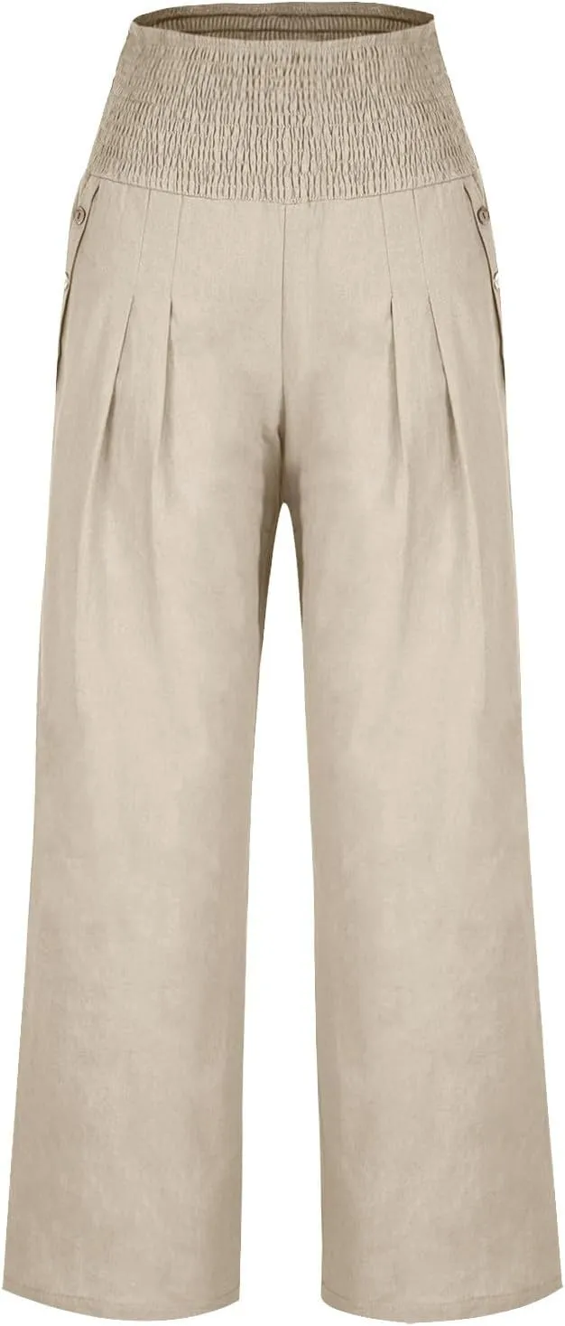 Women Linen Pants Summer Casual Wide Leg Pants Drawstring Waist Cotton Loose Fit Palazzo Trousers with Pockets
