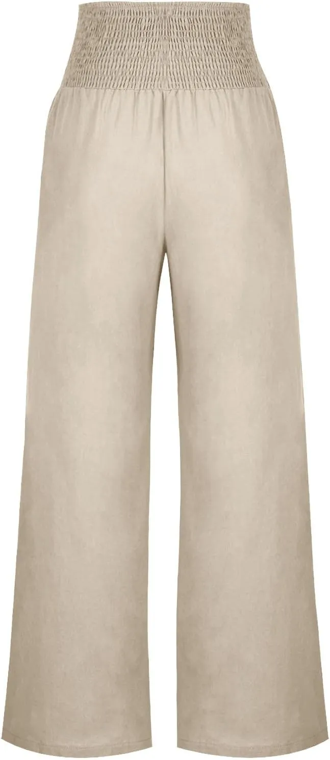 Women Linen Pants Summer Casual Wide Leg Pants Drawstring Waist Cotton Loose Fit Palazzo Trousers with Pockets