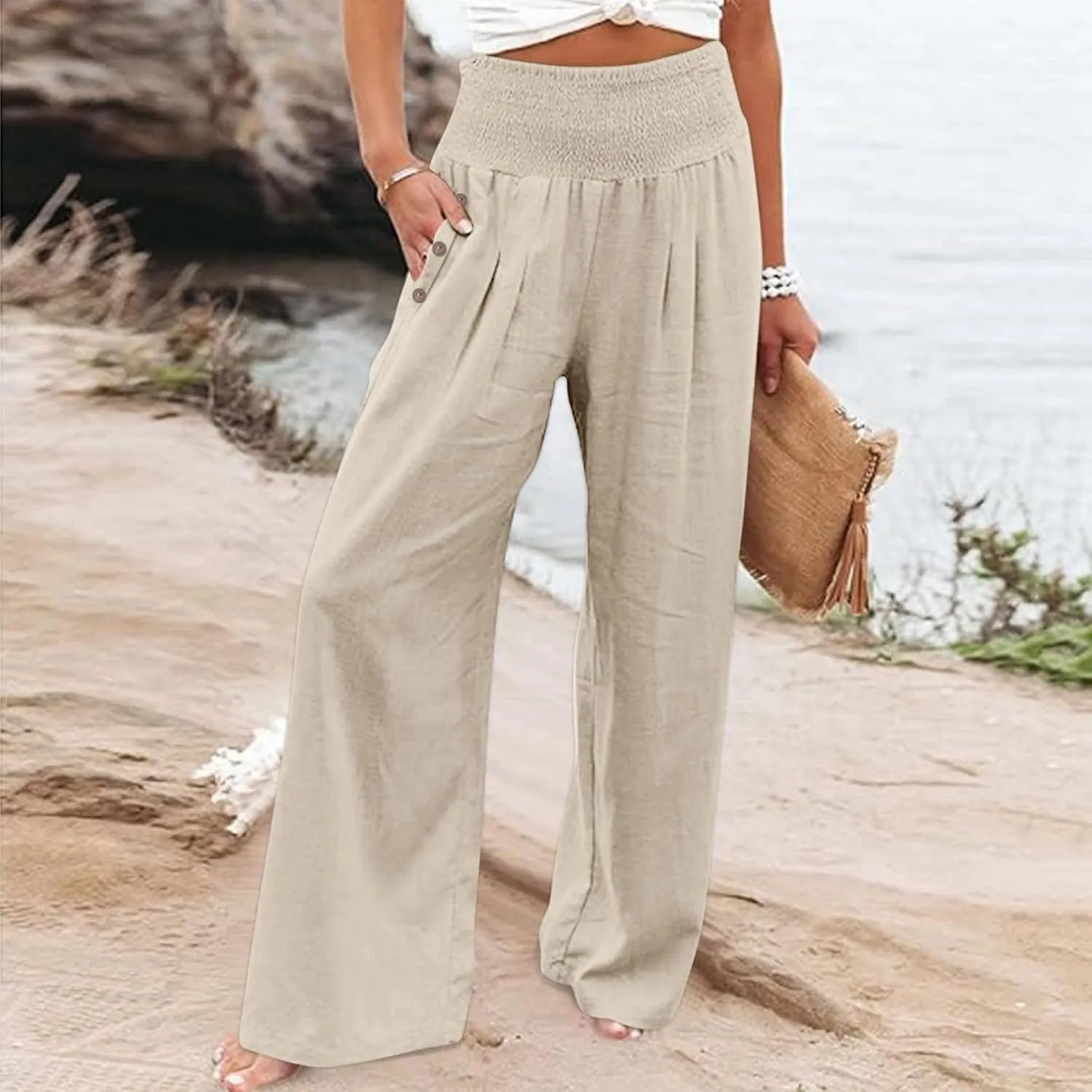 Women Linen Pants Summer Casual Wide Leg Pants Drawstring Waist Cotton Loose Fit Palazzo Trousers with Pockets