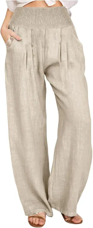 Women Linen Pants Summer Casual Wide Leg Pants Drawstring Waist Cotton Loose Fit Palazzo Trousers with Pockets