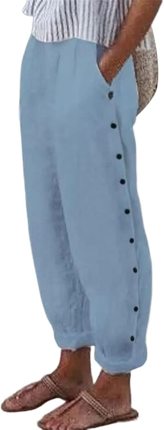 Women Linen Pants Tapered Elastic Waist Summer Casual Straight Leg Trouser Side Button Baggy Cropped Pant with Pocket