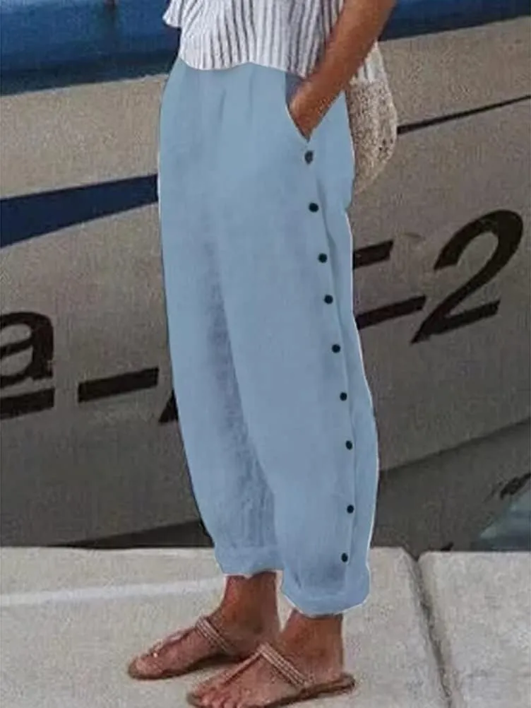 Women Linen Pants Tapered Elastic Waist Summer Casual Straight Leg Trouser Side Button Baggy Cropped Pant with Pocket