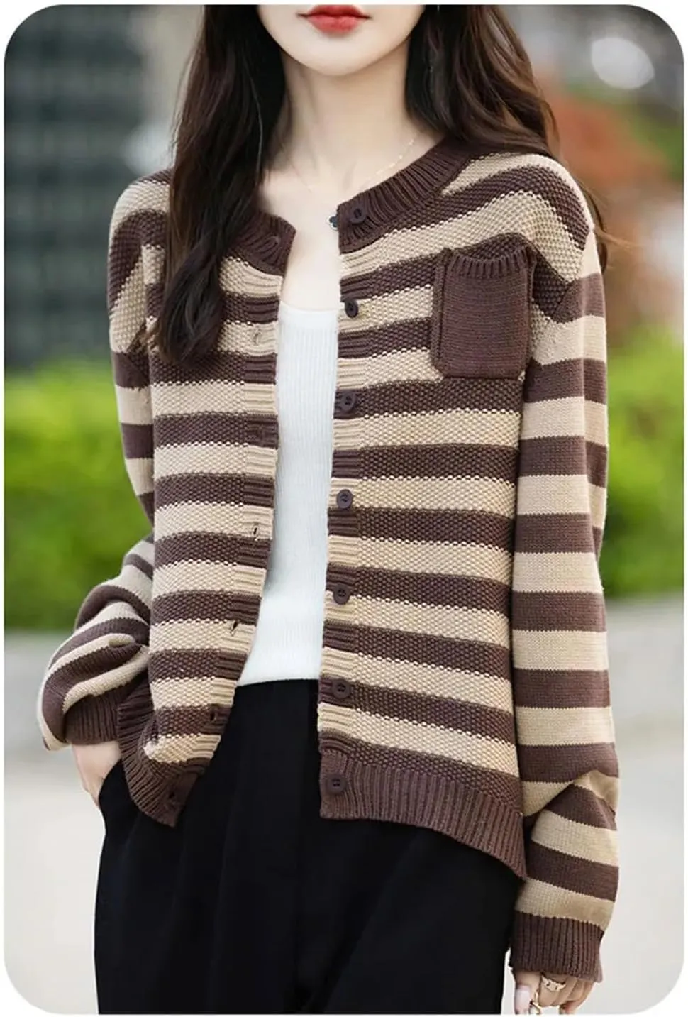 Women O-Neck Striped Cotton Cardigan Sweater Long Sleeve Winter Loose Sweaters