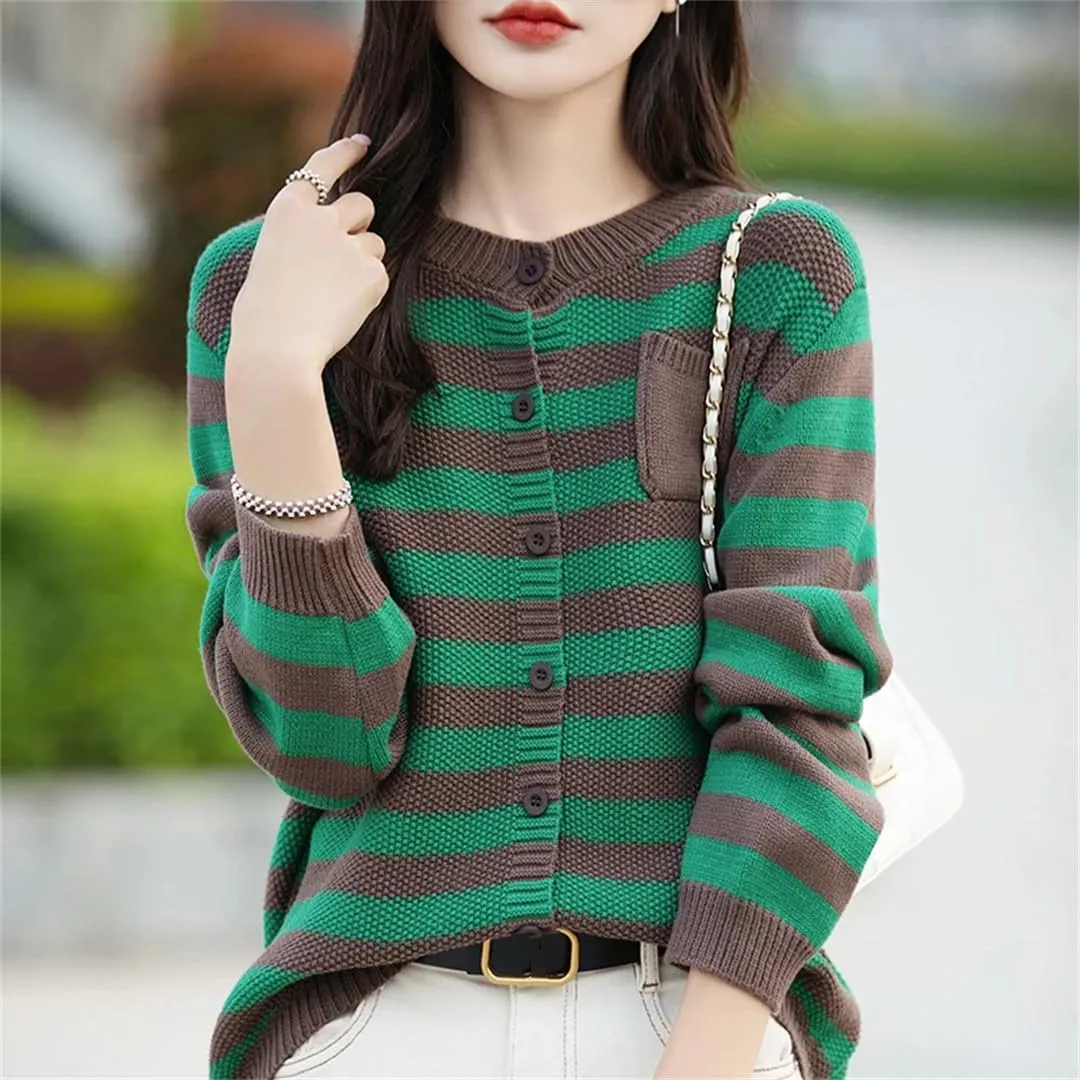 Women O-Neck Striped Cotton Cardigan Sweater Long Sleeve Winter Loose Sweaters