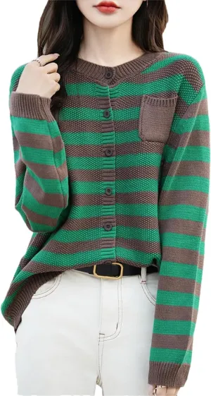 Women O-Neck Striped Cotton Cardigan Sweater Long Sleeve Winter Loose Sweaters