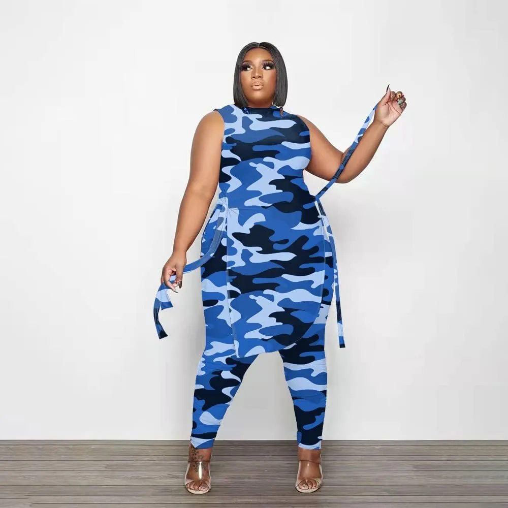 Women Plus Size 2 Piece Outfits Jumpsuit Camouflage Print Sleeveless Slit Tunic Tops Pant Set