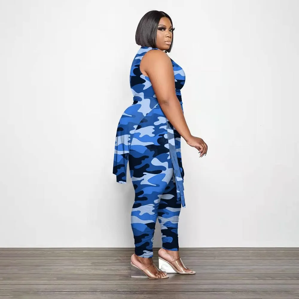 Women Plus Size 2 Piece Outfits Jumpsuit Camouflage Print Sleeveless Slit Tunic Tops Pant Set