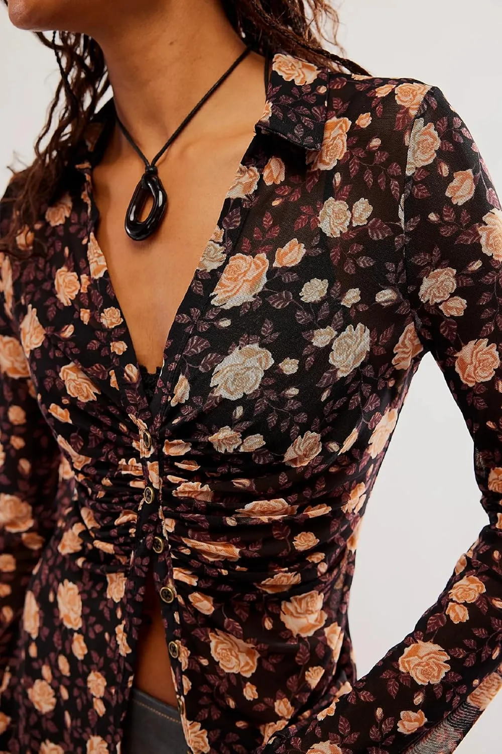 Women Sheer Mesh Print Button Up Shirt Long Sleeve V Neck Floral Shirt Blouse Sexy Slim Fit Buttons Y2K Cardigan Shirts
