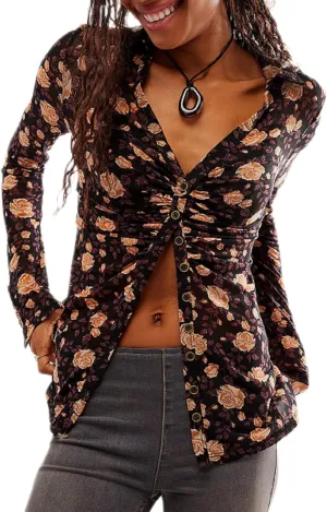 Women Sheer Mesh Print Button Up Shirt Long Sleeve V Neck Floral Shirt Blouse Sexy Slim Fit Buttons Y2K Cardigan Shirts