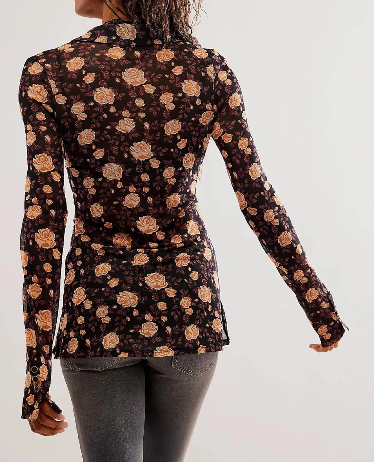 Women Sheer Mesh Print Button Up Shirt Long Sleeve V Neck Floral Shirt Blouse Sexy Slim Fit Buttons Y2K Cardigan Shirts