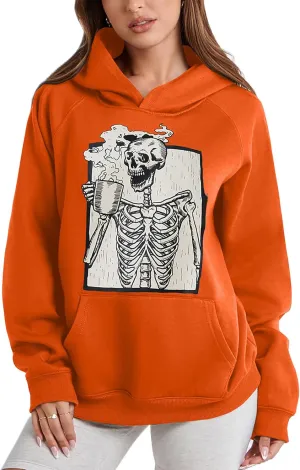 Women Skull Graphic Printed Fleece Oversized Hoodie Sweatshirt Long Sleeve Drop Shoulder Pullovers Top