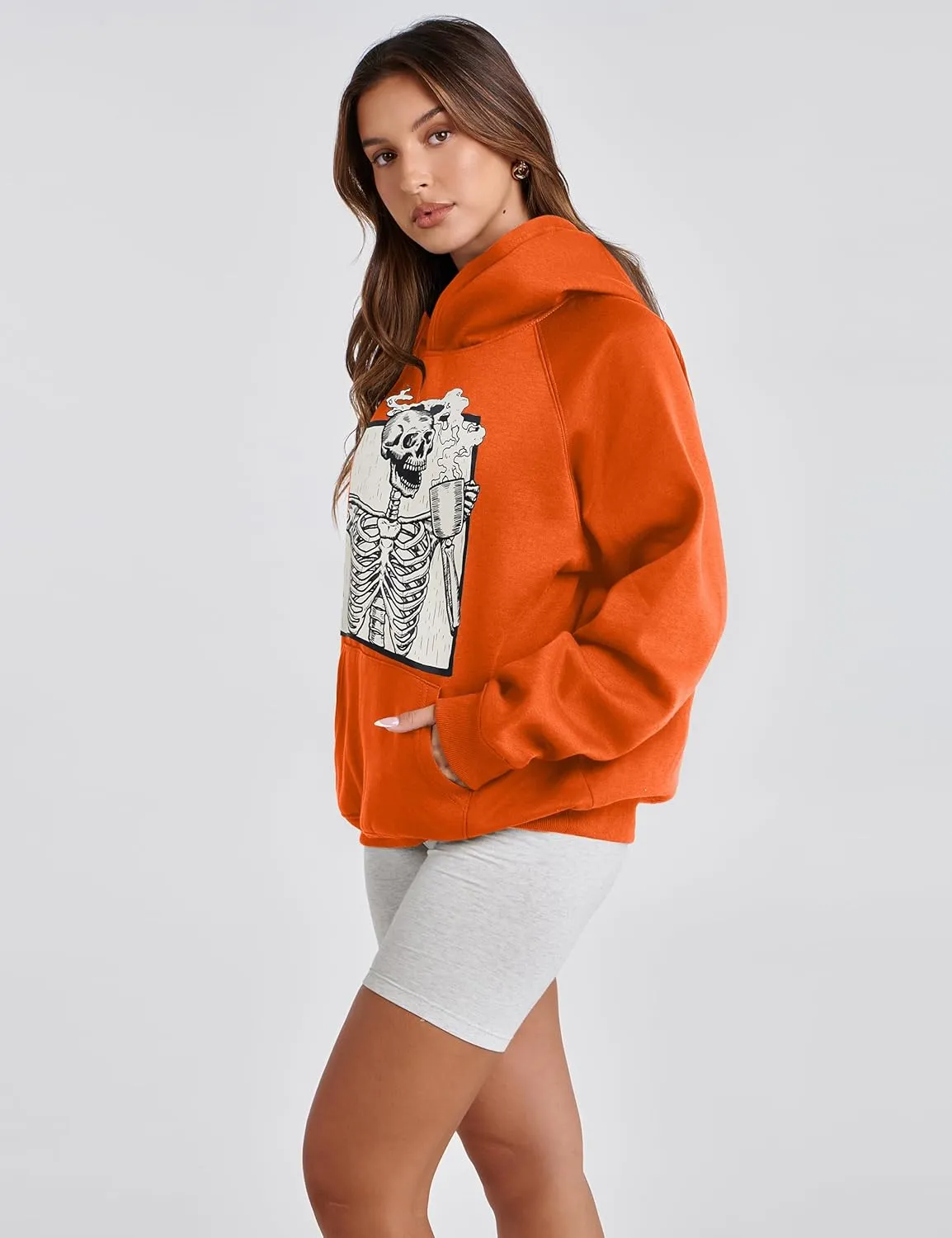 Women Skull Graphic Printed Fleece Oversized Hoodie Sweatshirt Long Sleeve Drop Shoulder Pullovers Top