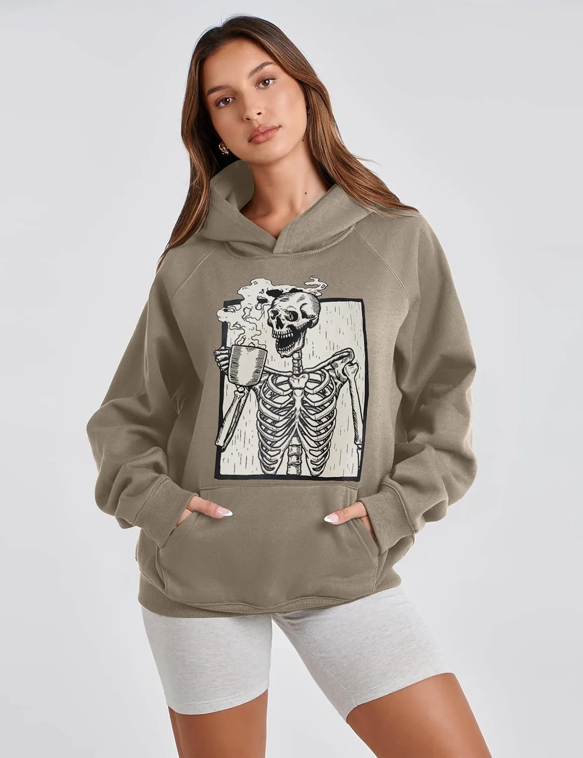 Women Skull Graphic Printed Fleece Oversized Hoodie Sweatshirt Long Sleeve Drop Shoulder Pullovers Top