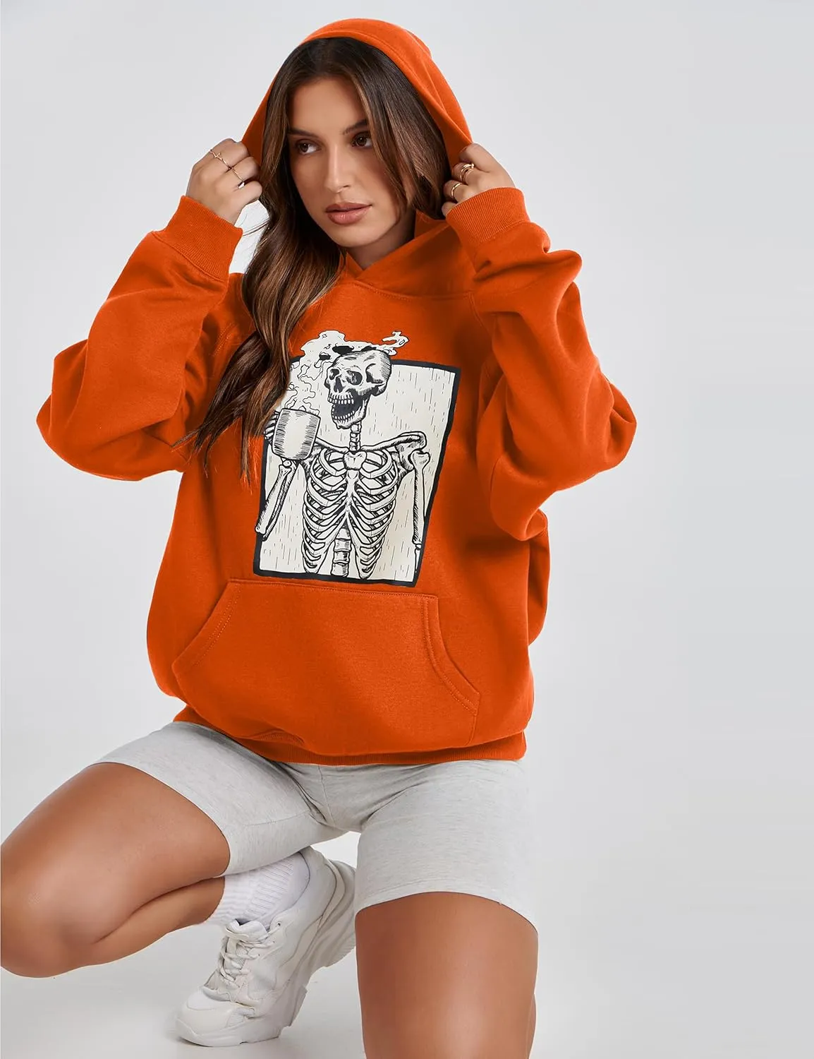 Women Skull Graphic Printed Fleece Oversized Hoodie Sweatshirt Long Sleeve Drop Shoulder Pullovers Top